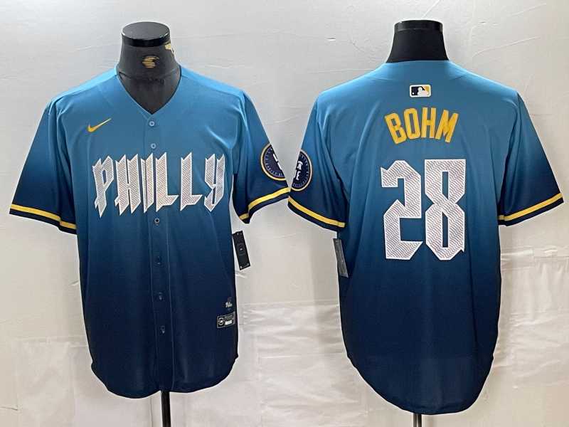 Mens Philadelphia Phillies #28 Alec Bohm Blue 2024 City Player Number Cool Base Stitched Jersey->philadelphia phillies->MLB Jersey